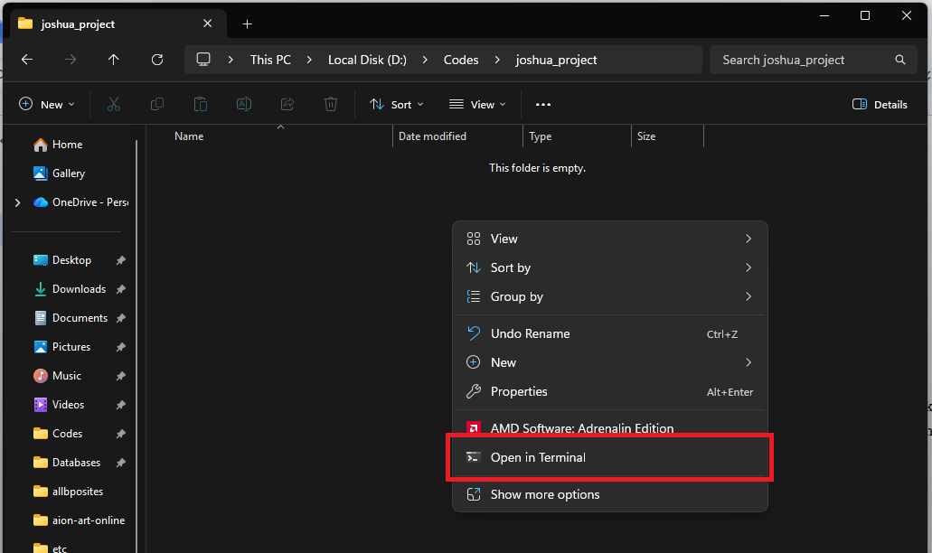 Windows right-click context menu showing the Open in Terminal option