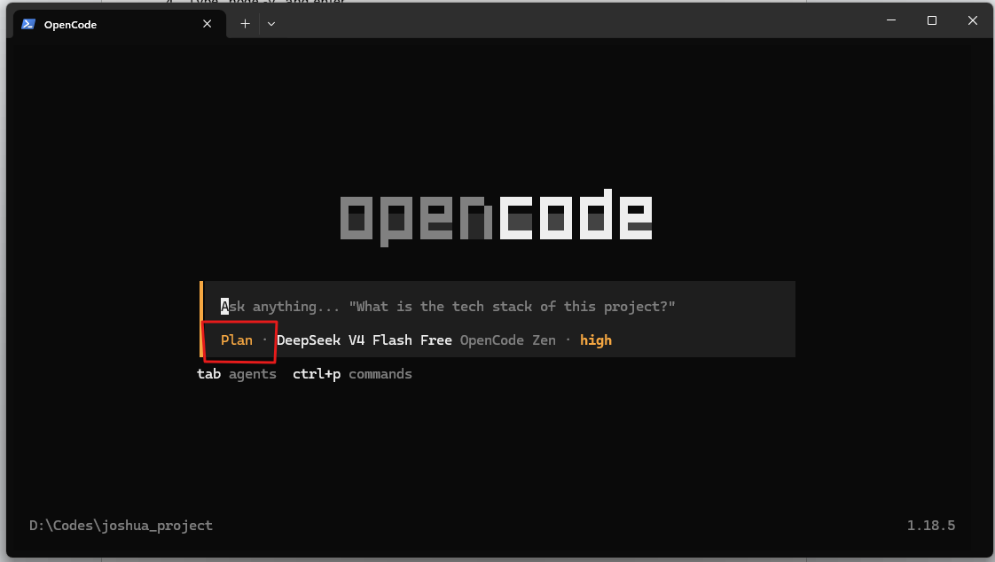 OpenCode showing Plan mode after pressing Shift + Tab