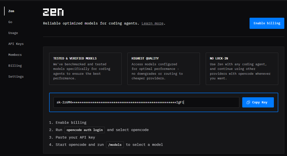 The OpenCode Zen dashboard showing the API key with a Copy Key button