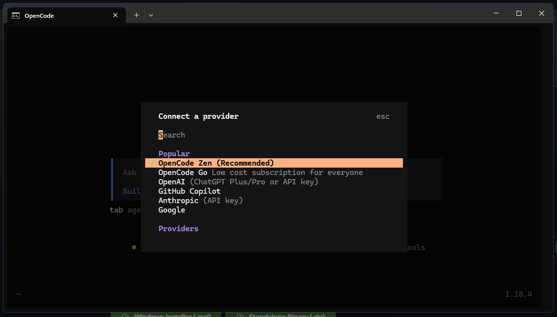 The OpenCode /connect command with OpenCode Zen selected as the provider
