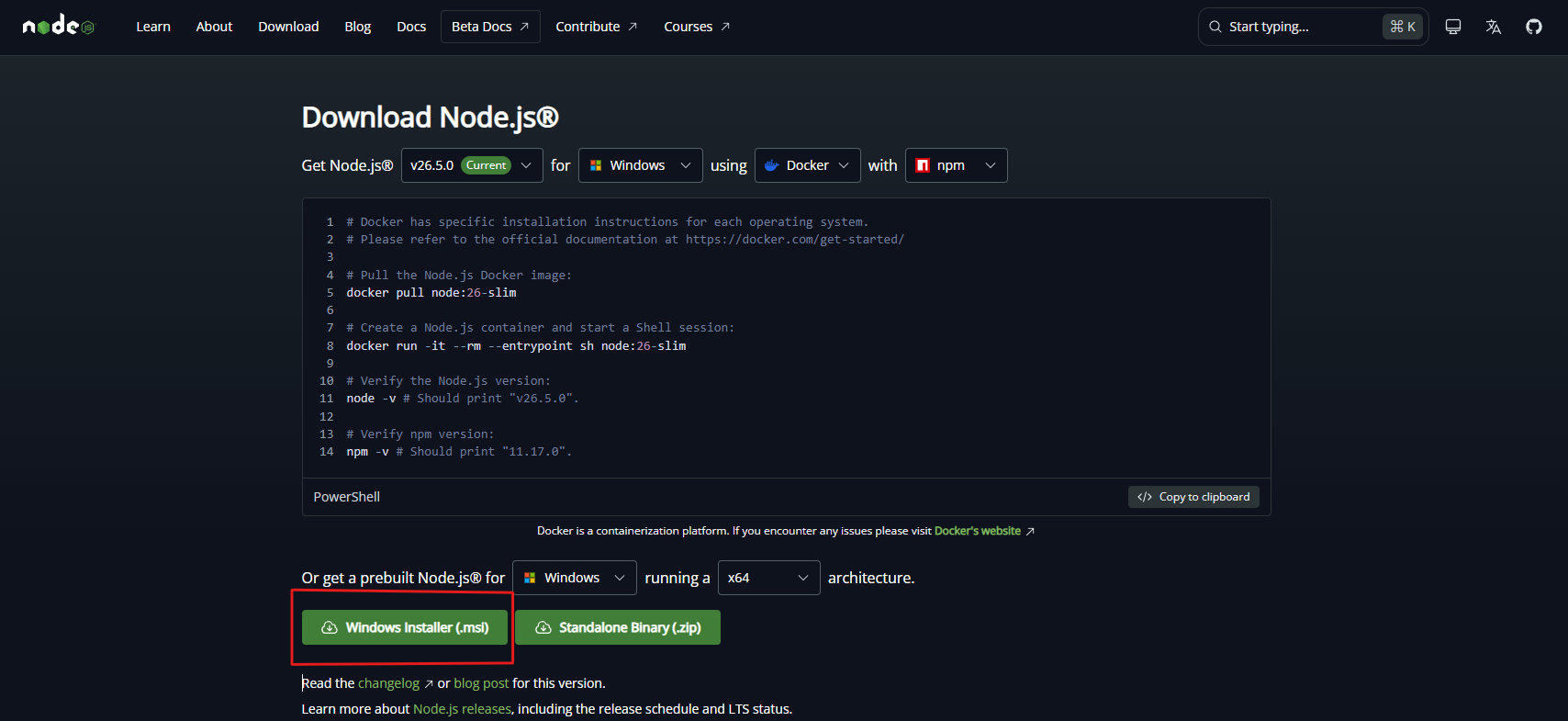The Node.js download page with the Windows Installer (.msi) option highlighted