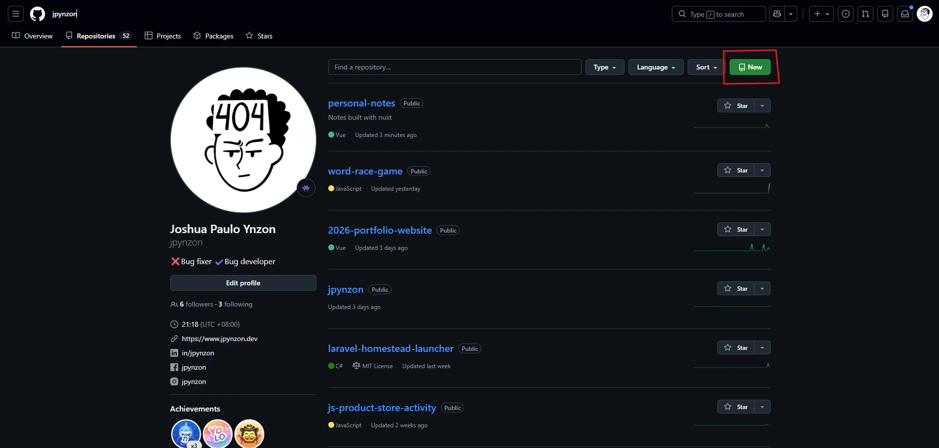 The GitHub dashboard with the green New repository button highlighted