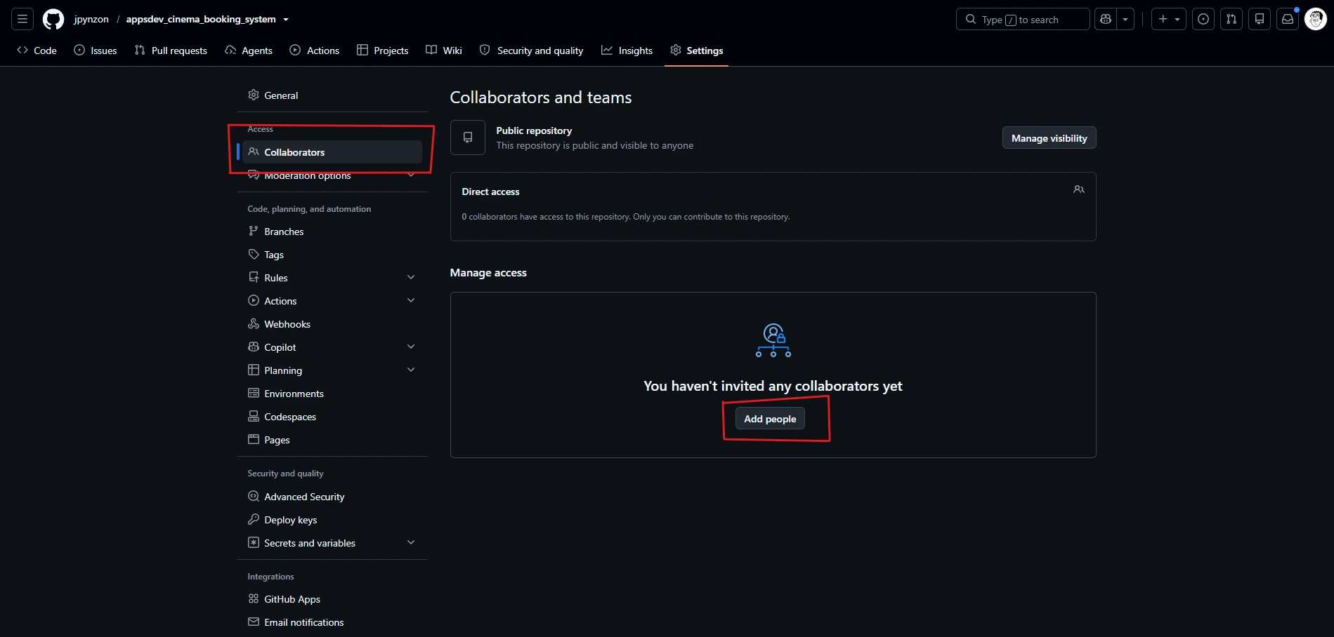 The Collaborators settings page with the Add people button