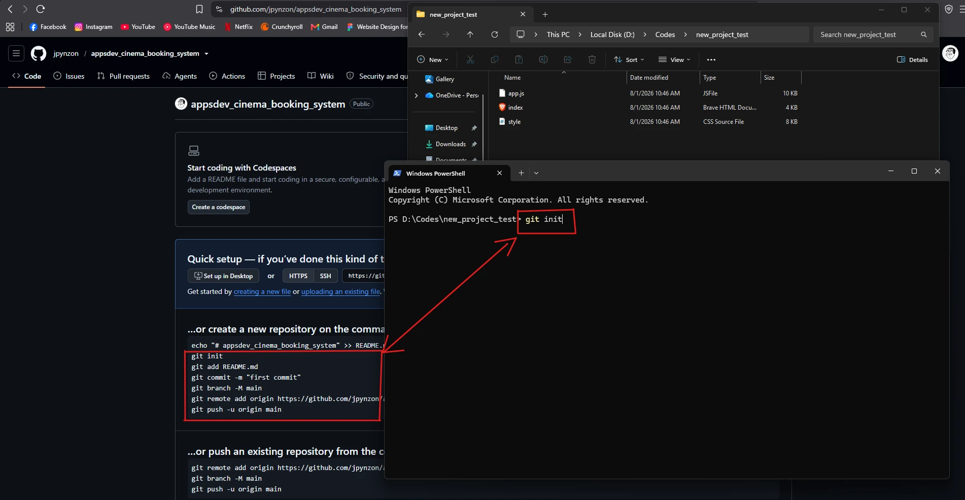The GitHub quick setup page showing the command line instructions for pushing an existing repository
