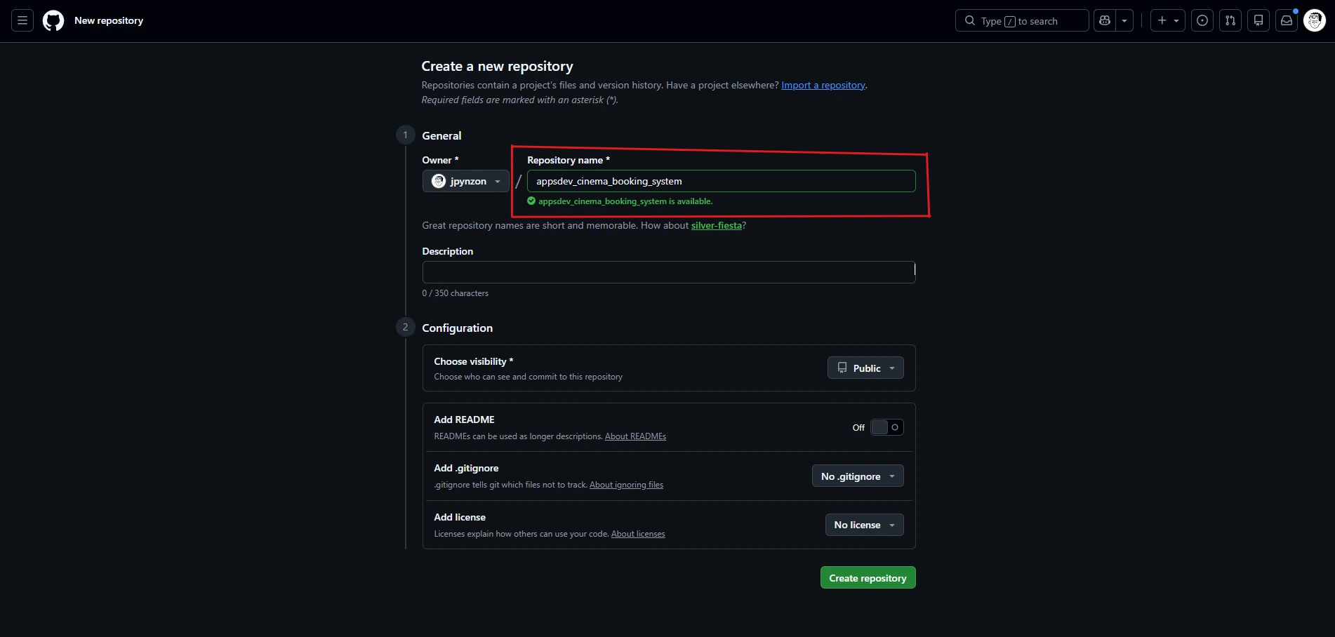 The new repository form with the repository name filled in and the Create repository button below