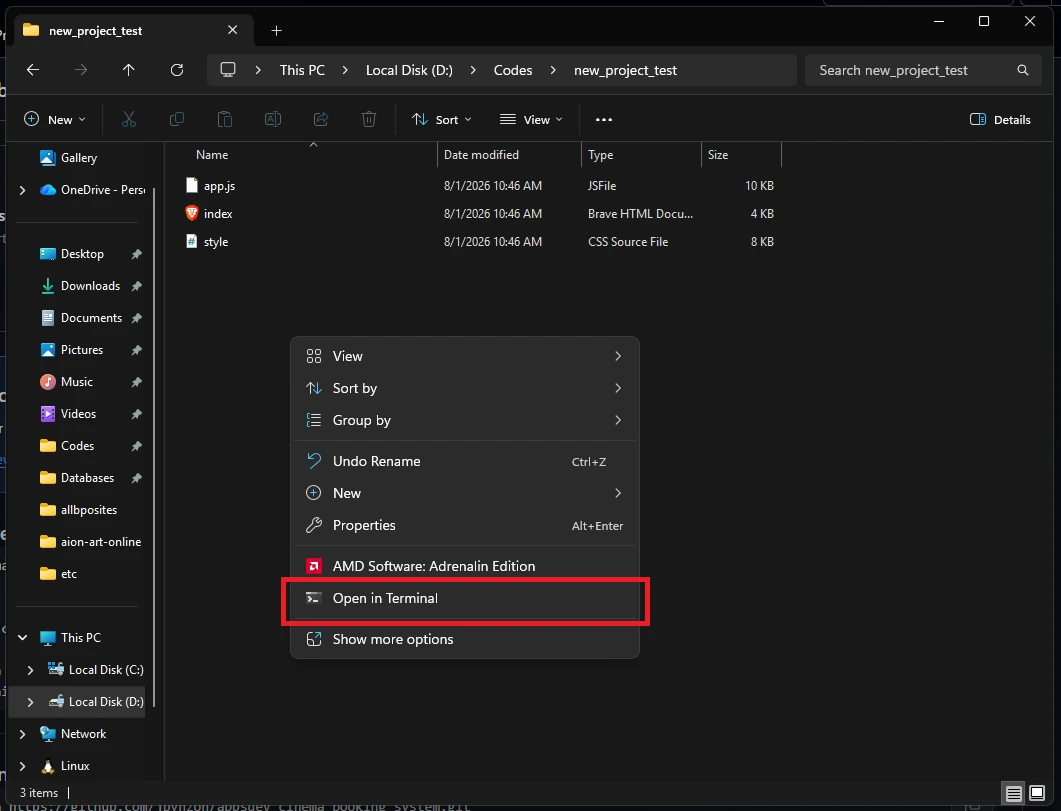 Windows right-click context menu inside a project folder showing the Open in Terminal option