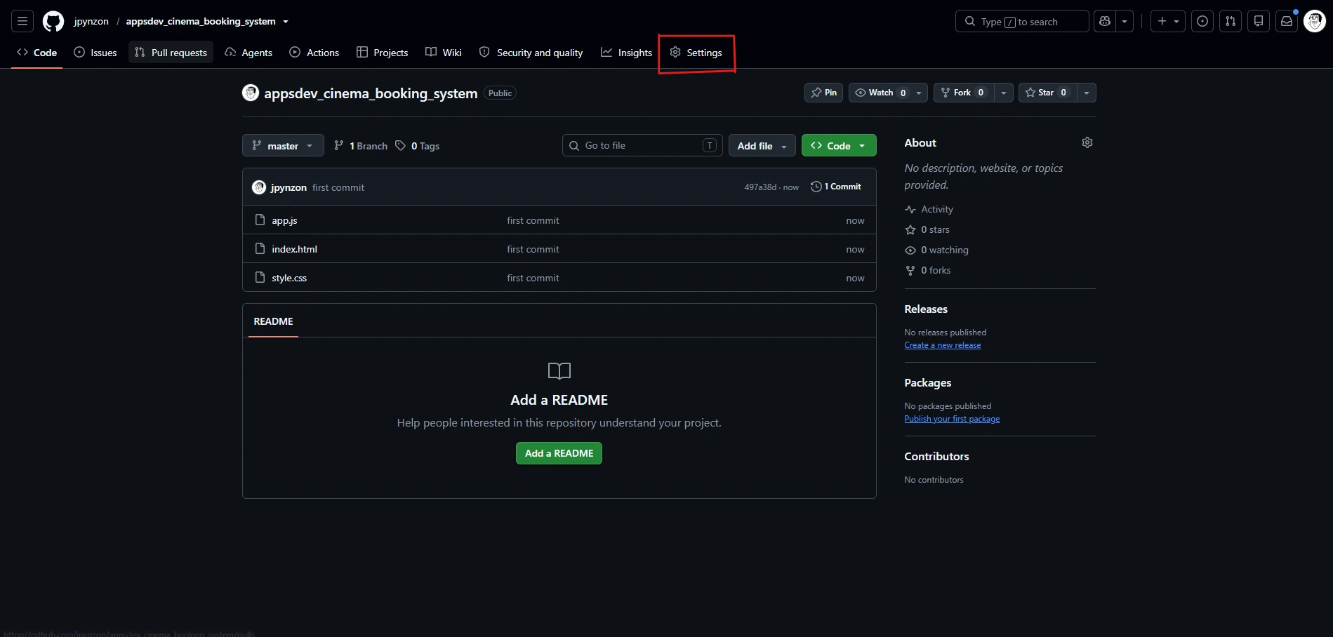 A GitHub repository page with the Settings tab highlighted