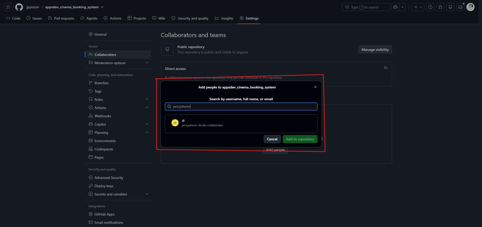 The add collaborator dialog with a username typed in and the Add to repository button