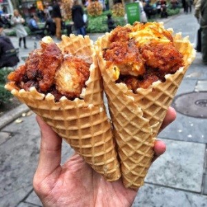 Fried chicken waffle cones at Chick'nCone in New York City