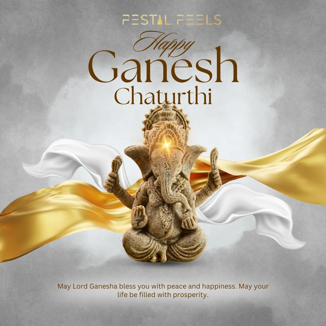 Creative and Inspirational Ganesh Chaturthi Wishes 2025 101 Elegant Ganesh Chaturthi greeting with a golden statue of Lord Ganesha and festive message.