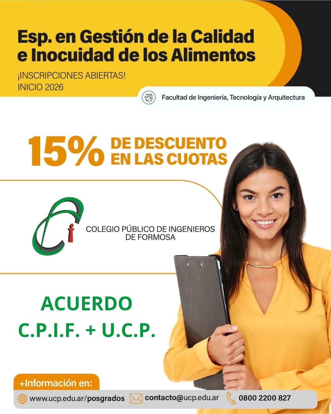 Convenio CPIF + UCP: 15% de descuento para matriculados en la Especialización en Gestión de la Calidad e Inocuidad de los Alimentos