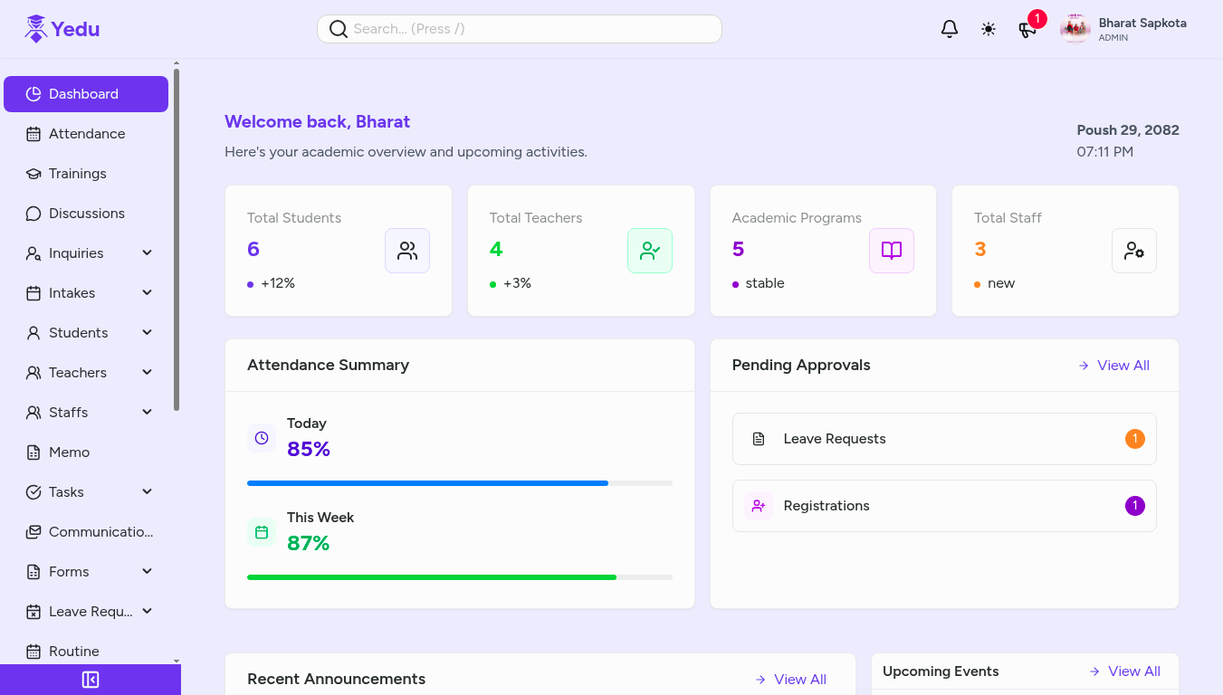 Yedu dashboard preview