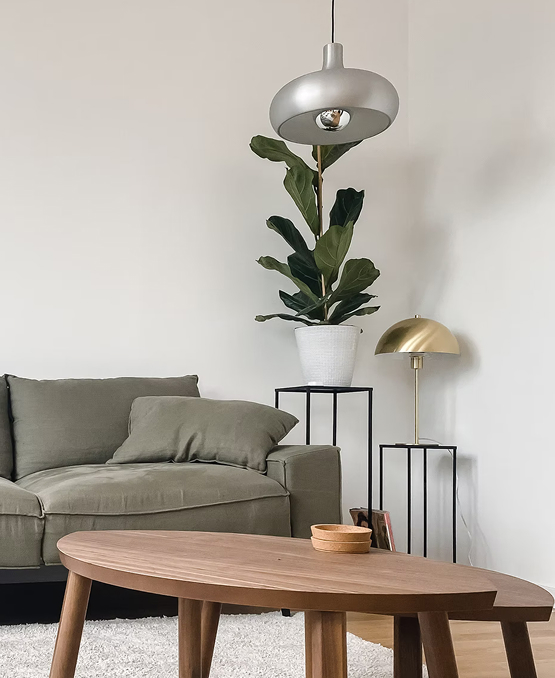 An inviting living room with a soft couch, a sleek coffee table, and a decorative pendant light enhancing the ambiance.