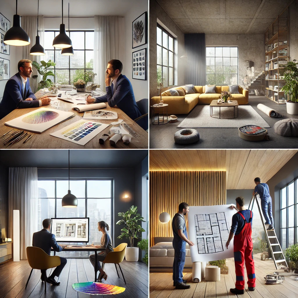 project discussions A stylish office space captures a design meeting with colorful palettes, a cozy living room, and project discussions in modern interiors.