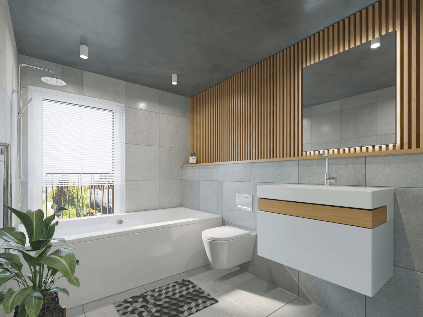 Modern bathroom with a gray ceiling, white walls, and a large window. Expertly curated in contemporary interior design, it features a bathtub, wall-mounted toilet, and floating vanity with a rectangular mirror. A plant graces the tubs edge, complemented by a black and white geometric rug.