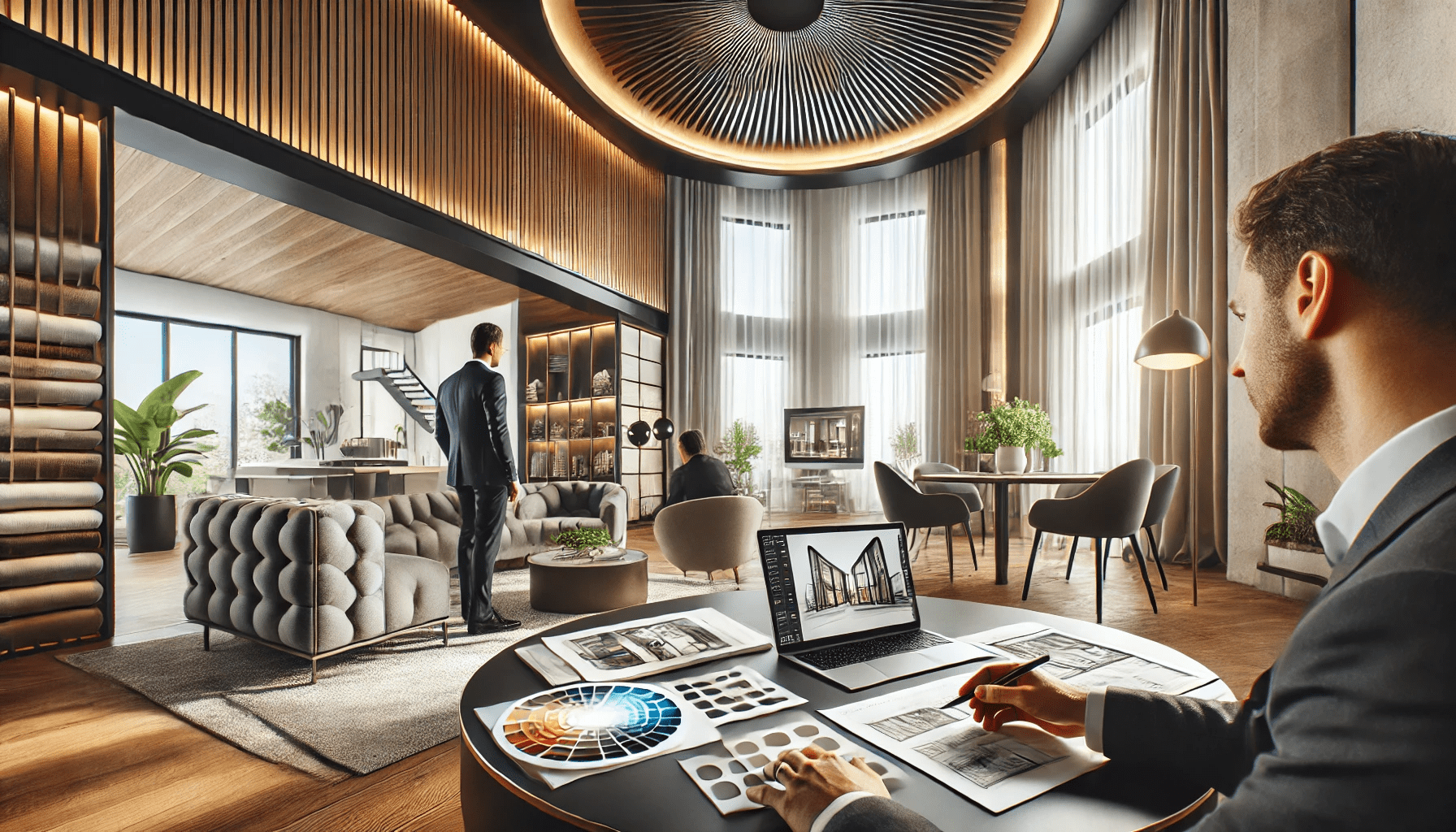 A modern office interior with high ceilings and large windows showcases stylish interior design. Two men are present: one stands by the windows, while the other works at a desk with architectural plans and a laptop. Neutral colors and indoor plants enhance the sophisticated office space.