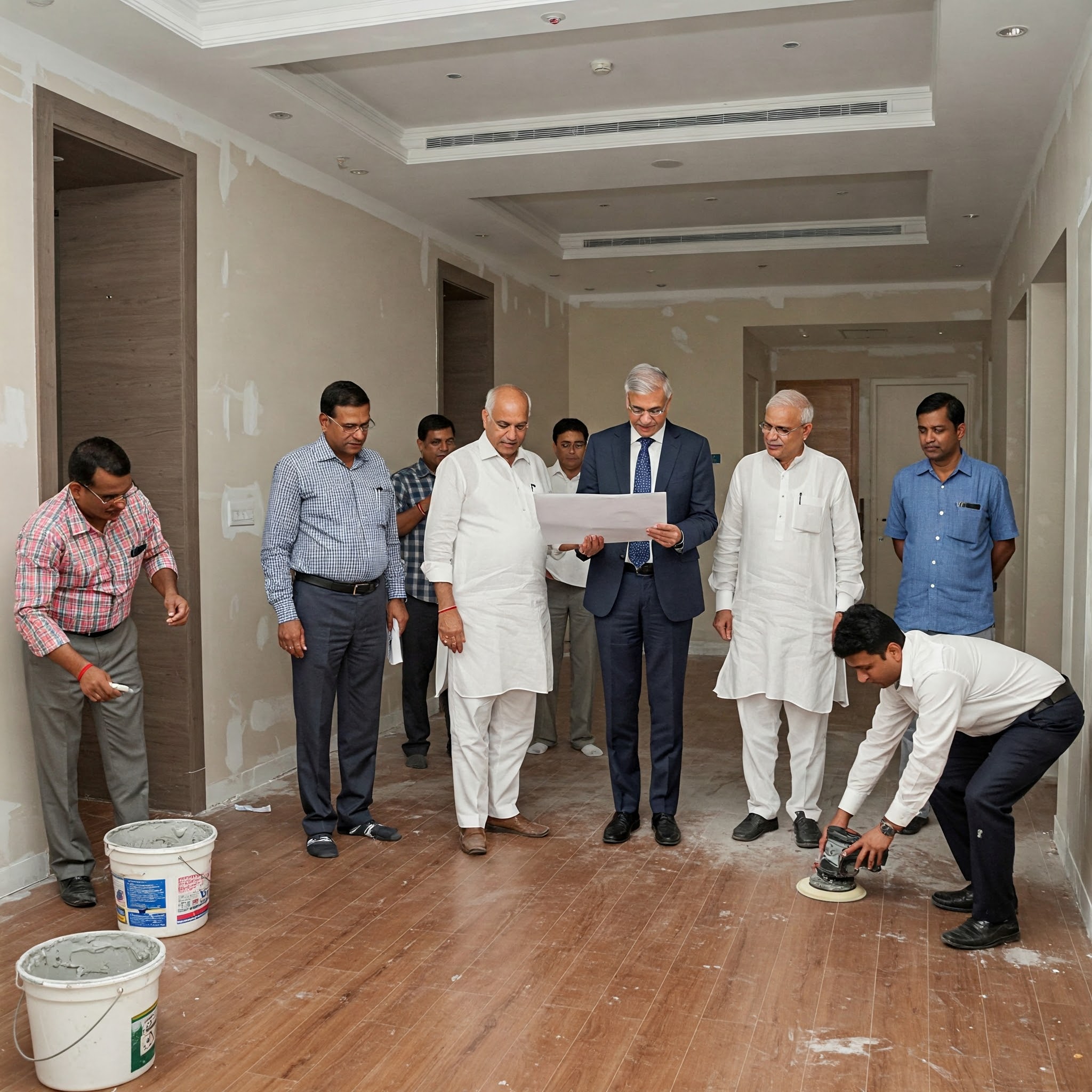 A group of men in formal and semi-formal attire inspects an unfinished office space. One man operates a cleaning machine on the wooden floor. The room, with its patchy white walls, is central to their interior design plans being reviewed by two men in the center.