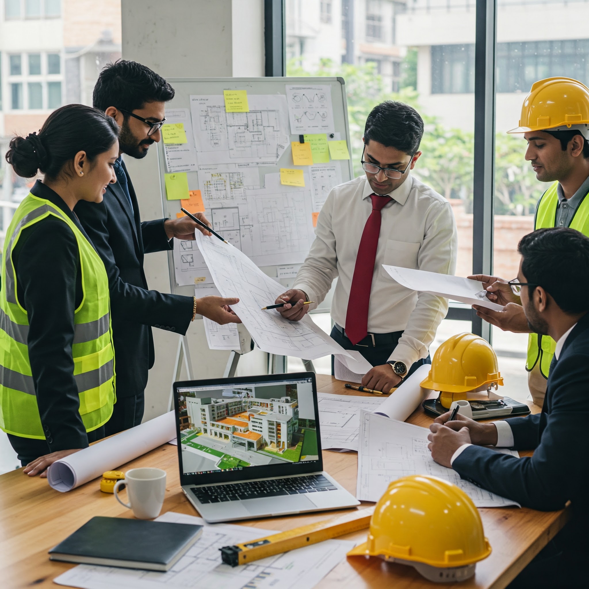 A team of architects and engineers reviews blueprints at a table, focusing on optimizing office spaces. Two men in suits and two in safety vests discuss plans. A laptop with a building model is open, surrounded by additional blueprints and safety helmets.