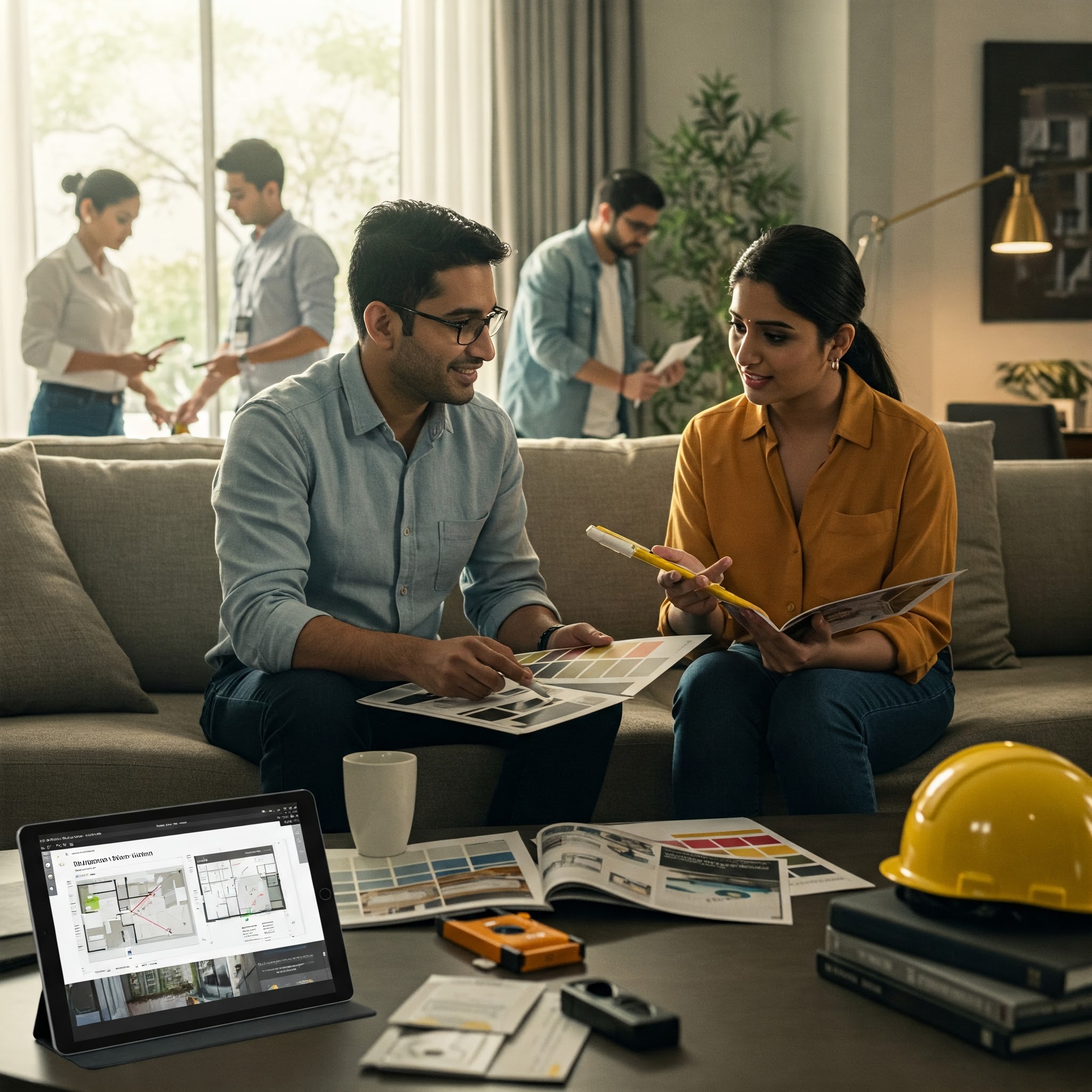 A man and woman sit on a sofa discussing color samples and floor plans, embodying the essence of interior design. A tablet displaying a blueprint is in the foreground, along with a yellow hard hat. Two other people converse in the background. The room is well-lit and modern.