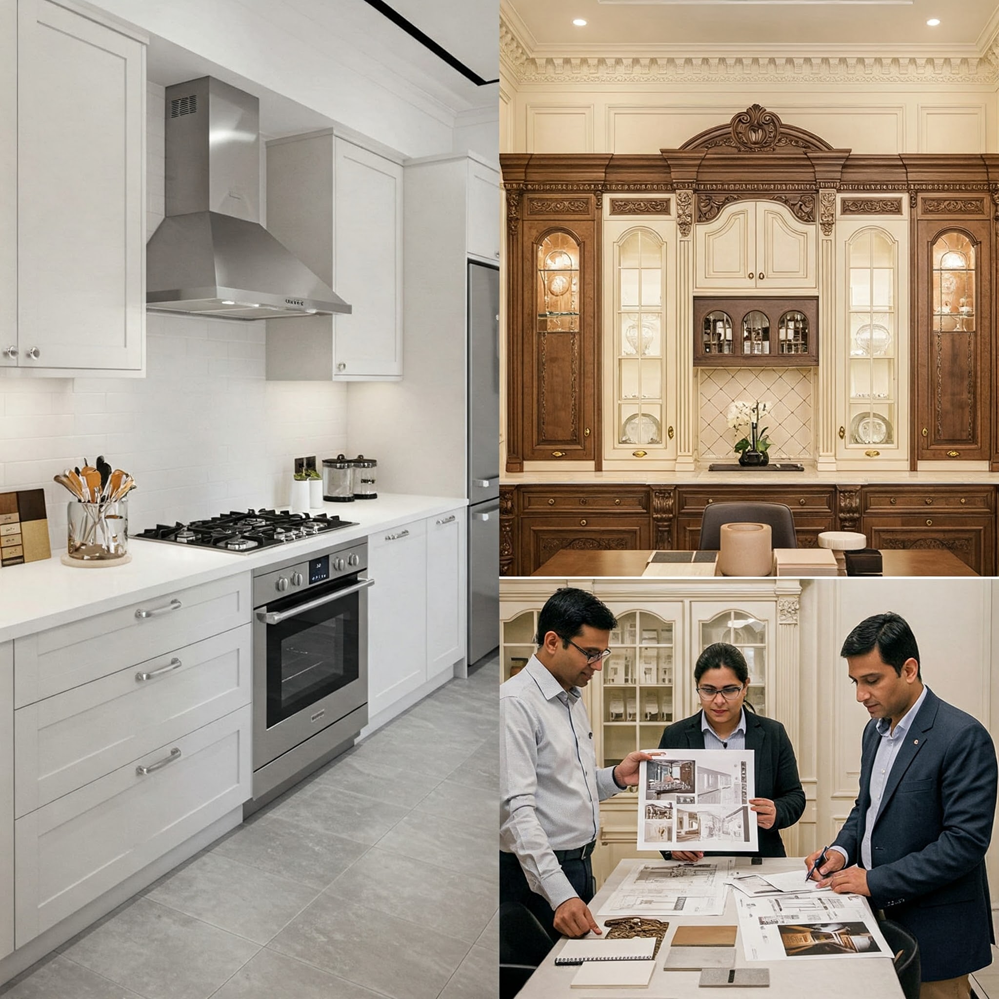 contemporary interior design - Deco Serein A three-part image: Left shows a modern white kitchen with stainless steel appliances, showcasing contemporary interior design. Top right displays a classic kitchen with dark wood cabinets, while bottom right features three people in an office space discussing layout designs for diverse home spaces.
