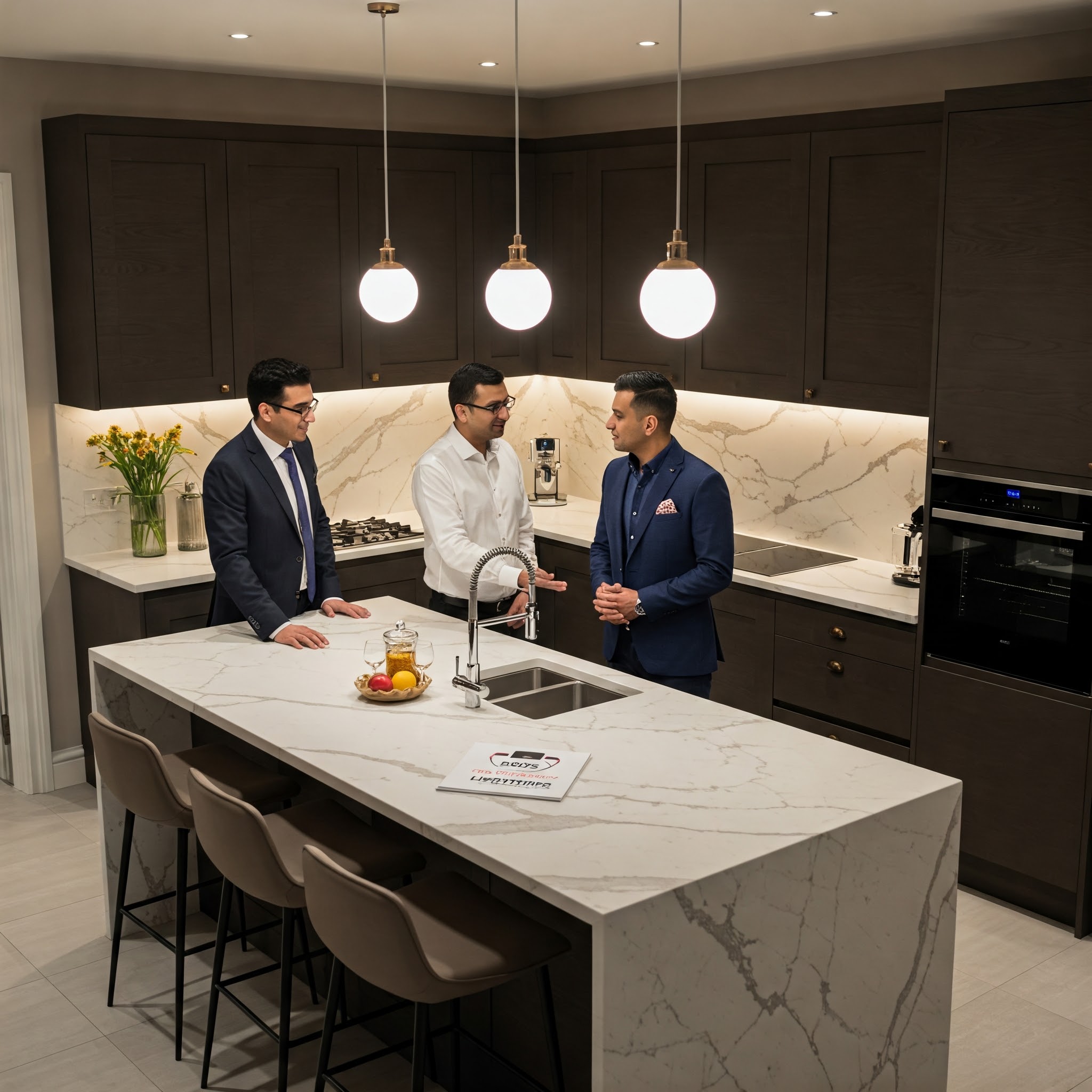 Exquisite interior design - Deco Serein Three men in formal attire converse around a modern kitchen island with a marble finish, showcasing exquisite interior design. The kitchen features dark cabinets, pendant lights, and built-in appliances. A flower vase and fruit bowl complete the stylish home space ambiance.
