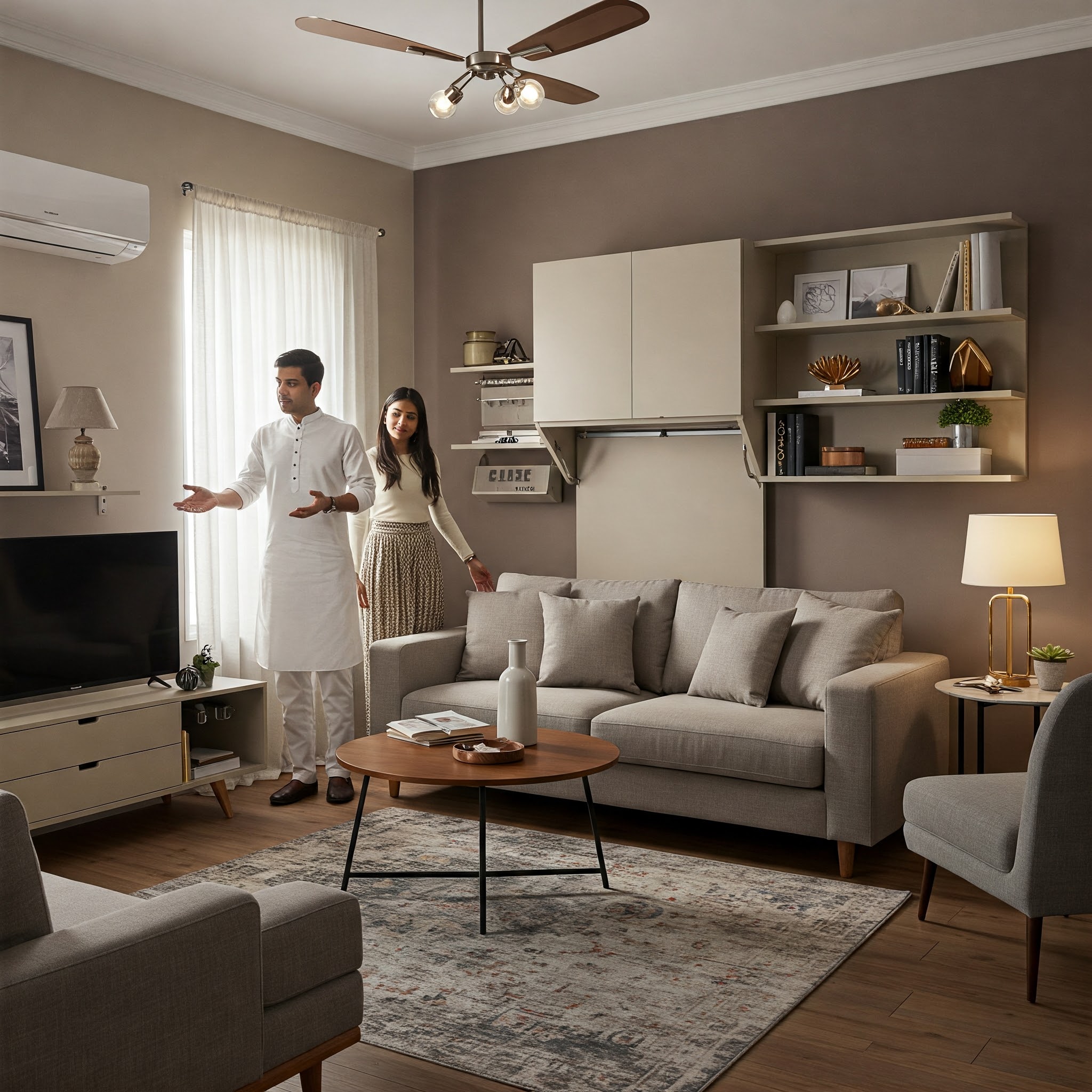 A man and woman stand in a stylish living room with neutral decor, discussing the arrangement. Showcasing refined interior design, the room features a gray sofa set, a wooden coffee table, and shelves with books under soft lighting—a perfect example of elegant home spaces.