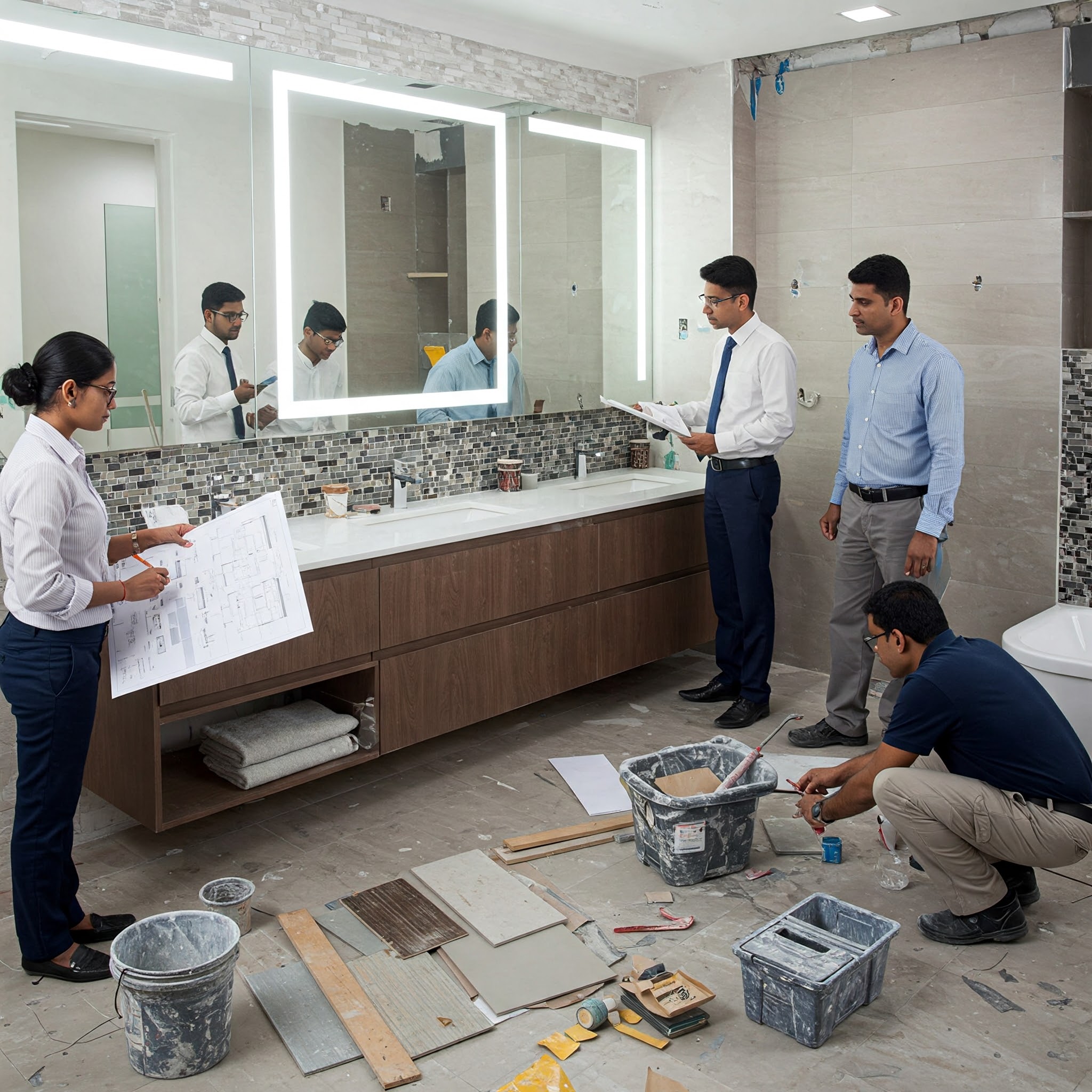 Four people in business attire are in a bathroom under renovation, examining blueprints and discussing interior design. A construction worker crouches with tools, refining the details. The room highlights sleek wood cabinetry and a large mirror with built-in lighting, perfect for modern office spaces.