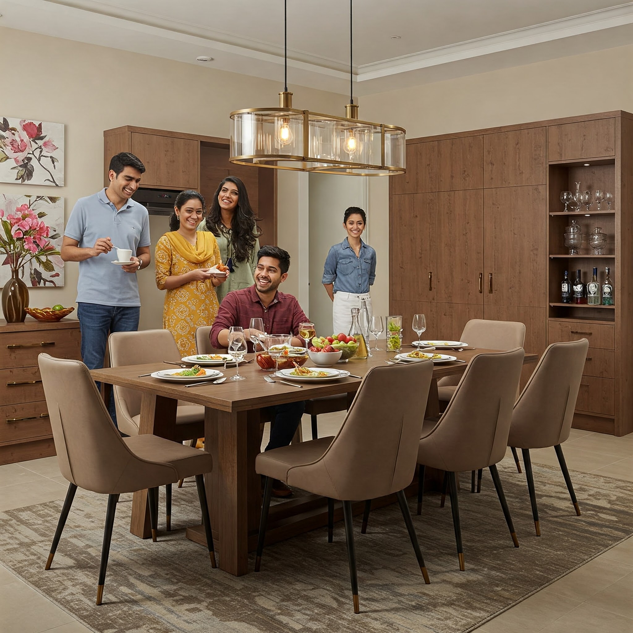 Exemplifying elegant interior design | Deco Serein A group of five people enjoy a meal around a stylish dining table with beige chairs. Behind them are two wooden cabinets and a vase of flowers, exemplifying elegant interior design. A modern light fixture hangs above, warmly lighting the home space and creating a cozy atmosphere.