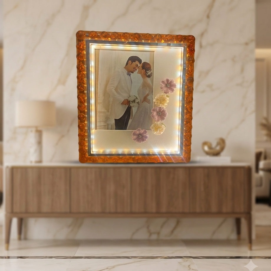Golden Glow LED Floral Photo Frame