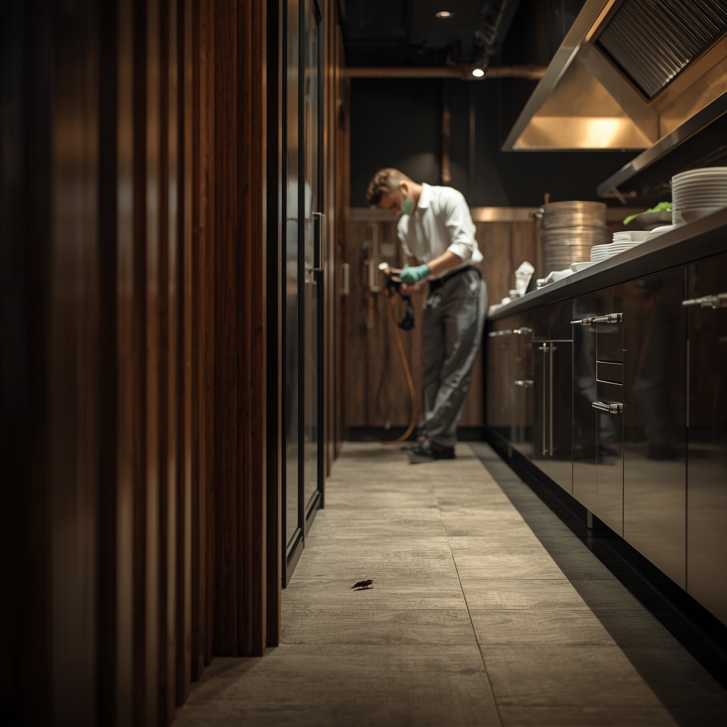 Pest control technician inspecting a commercial kitchen for pest activity
