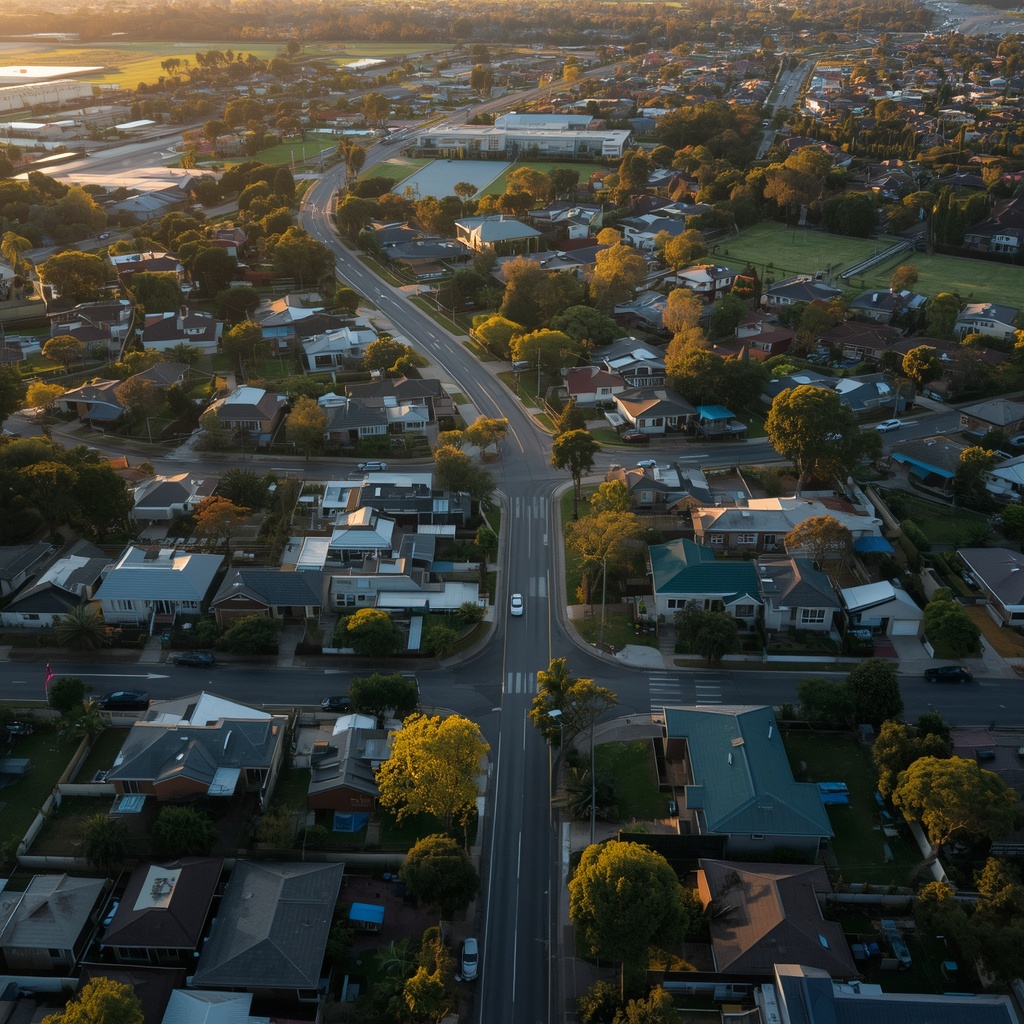 Aerial view of Riverstone, NSW showing residential streets, greenery and the surrounding suburban landscape.