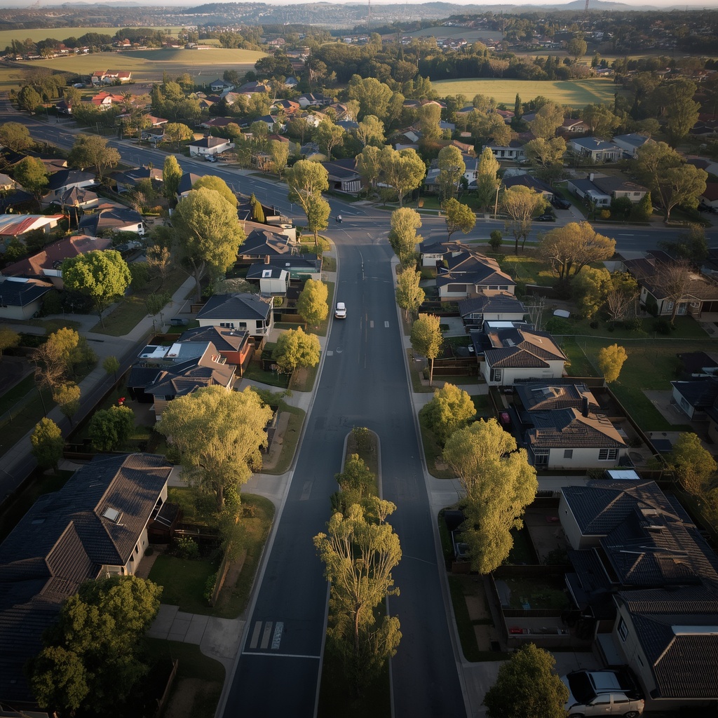Aerial view of Kellyville, NSW showing residential streets, homes, trees and surrounding green spaces.