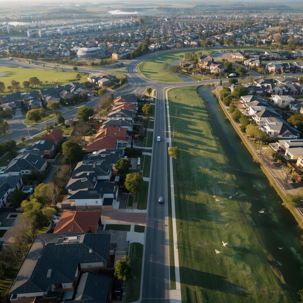 Aerial view of The Ponds, NSW showing modern residential streets, green spaces and surrounding suburban landscape.