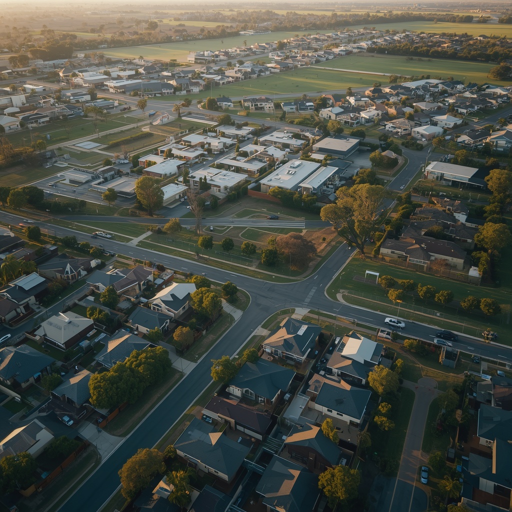 Aerial view of Marsden Park, NSW showing modern residential streets, homes, open green spaces and surrounding suburban development.
