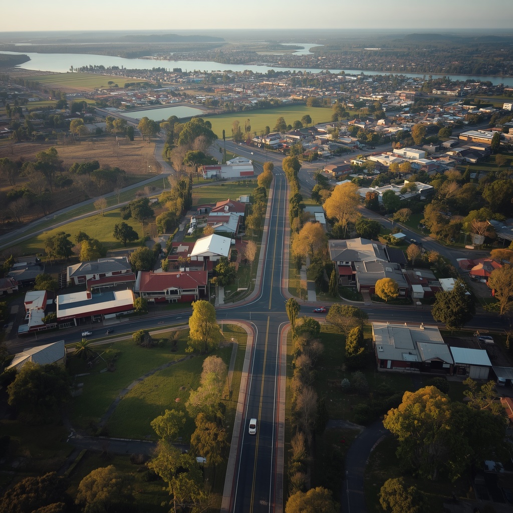 Aerial view of Windsor, NSW showing the historic town area, residential streets, greenery and surrounding Hawkesbury landscape.