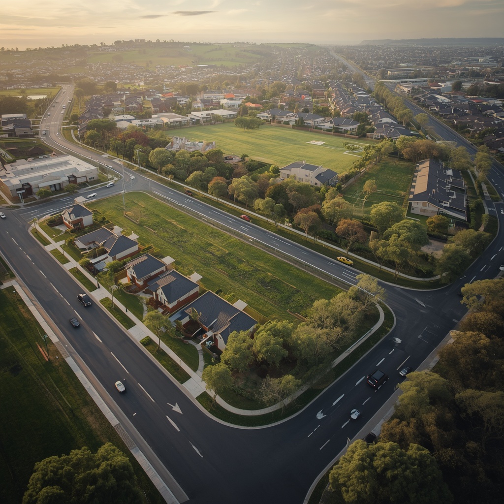 Aerial view of Box Hill, NSW showing modern residential streets, new homes, green spaces and surrounding suburban development.