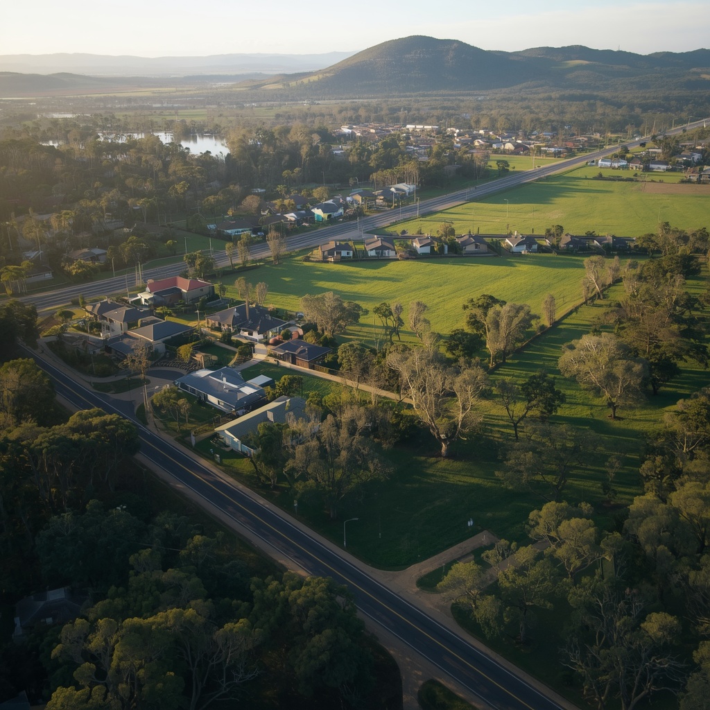 Aerial view of Kurrajong, NSW showing rural-residential properties, native vegetation and the surrounding foothill landscape.