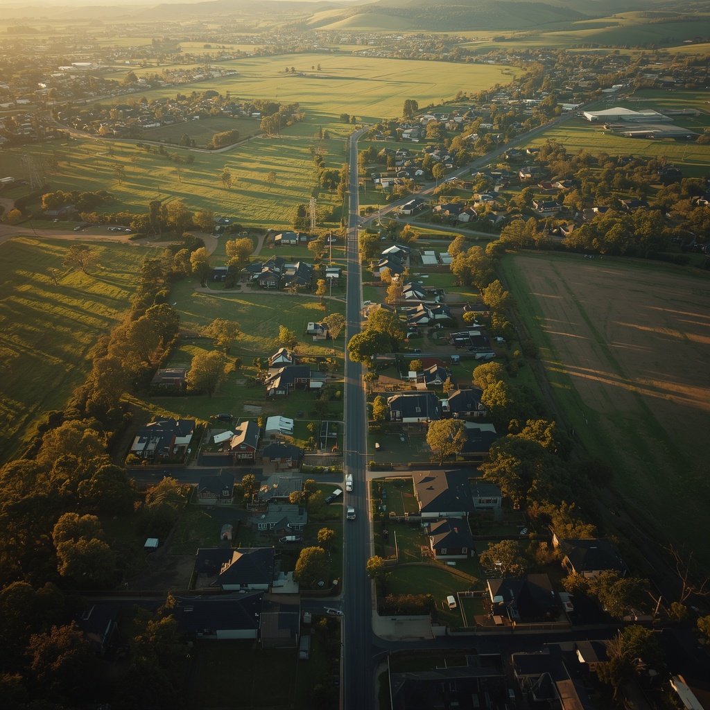 Aerial view of Pitt Town, NSW showing the village area, residential streets, surrounding rural properties and green landscape.