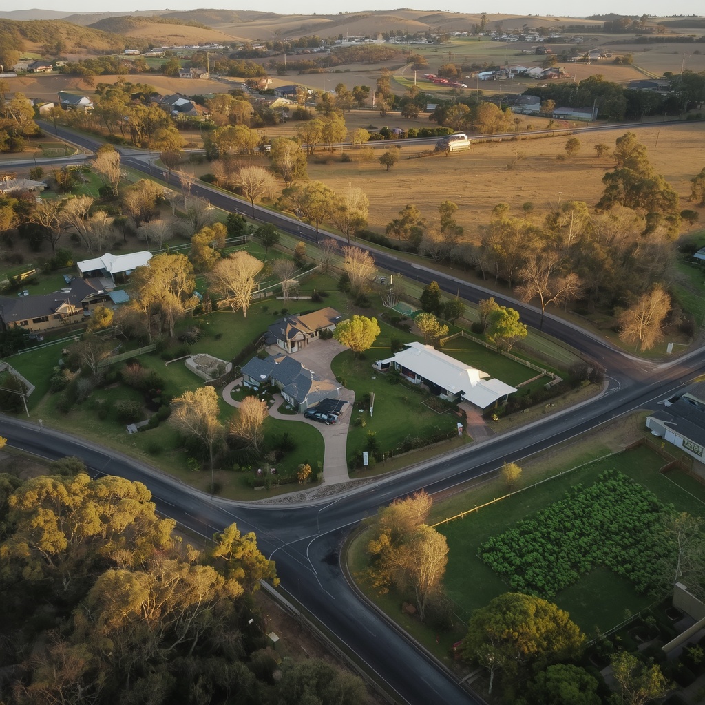 Aerial view of Annangrove, NSW showing rural-residential properties, tree-lined roads and surrounding open landscape.