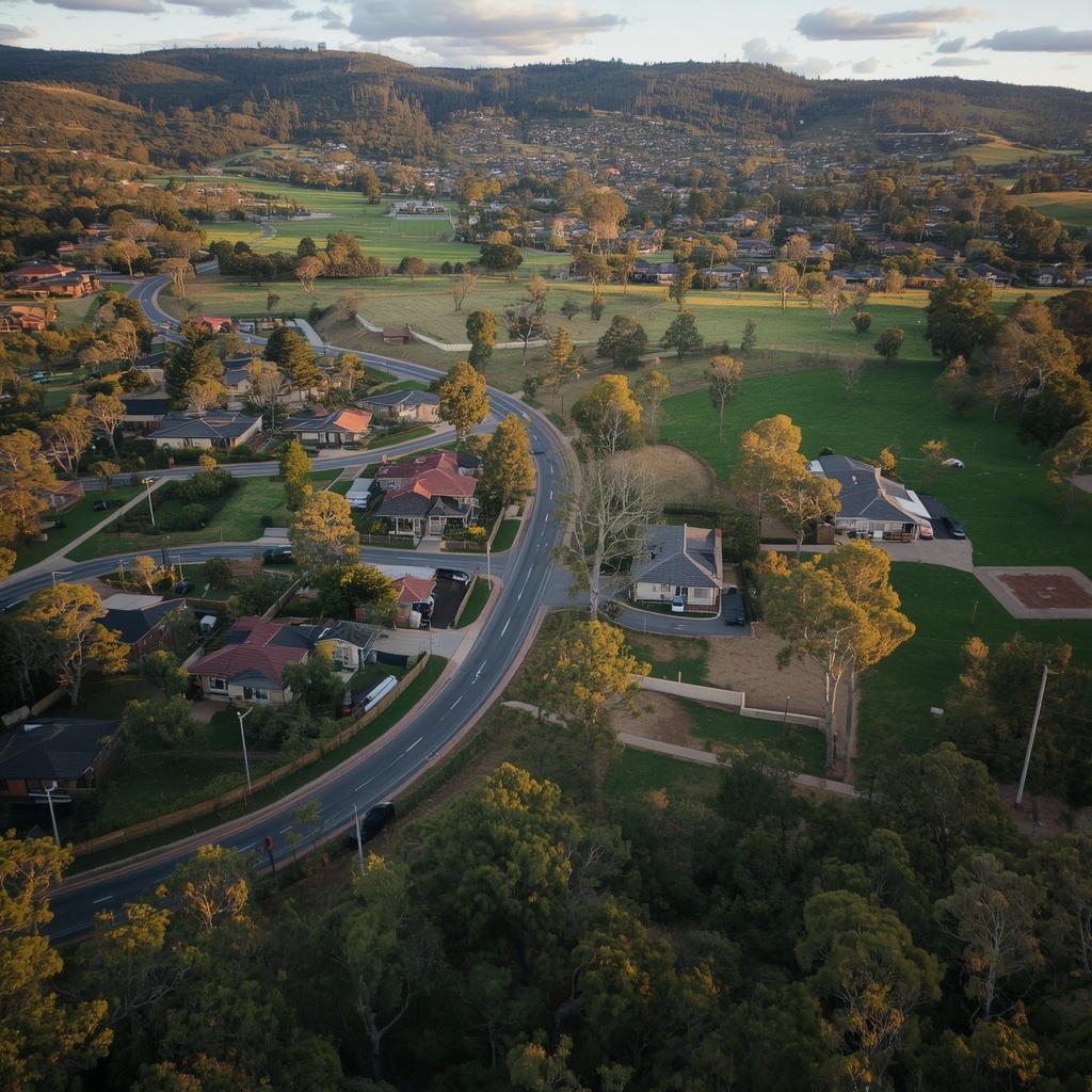 Aerial view of Dural, NSW showing residential and rural properties, tree-lined roads and surrounding Hills District landscape.