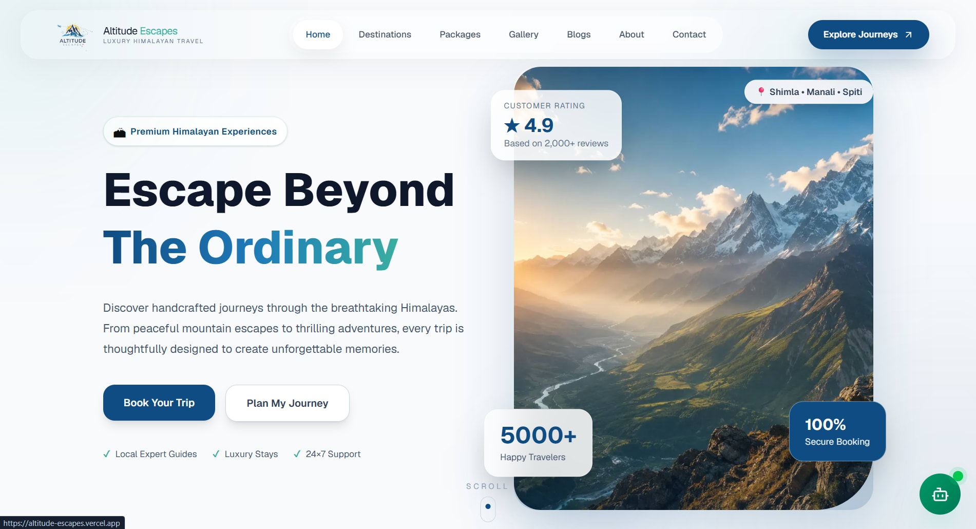 Altitude Escapes travel website homepage
