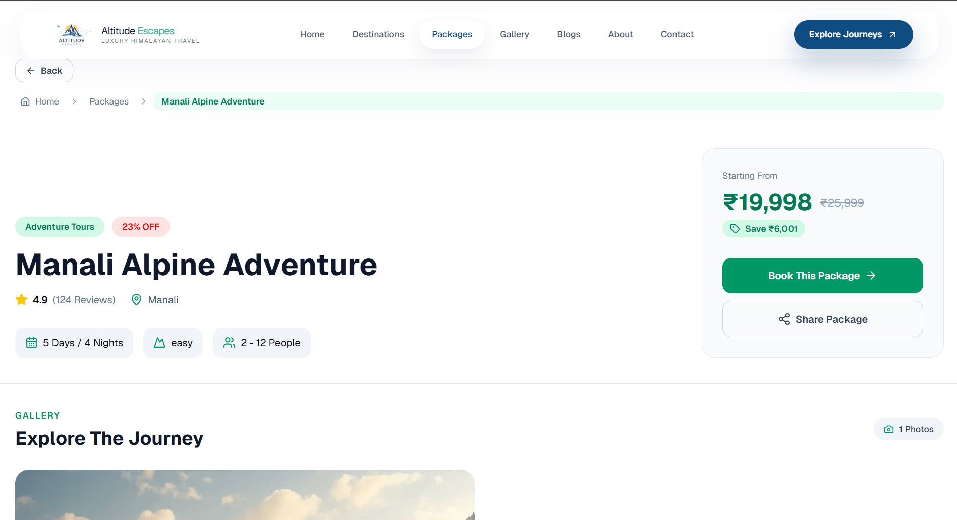 Altitude Escapes travel package detail and itinerary page