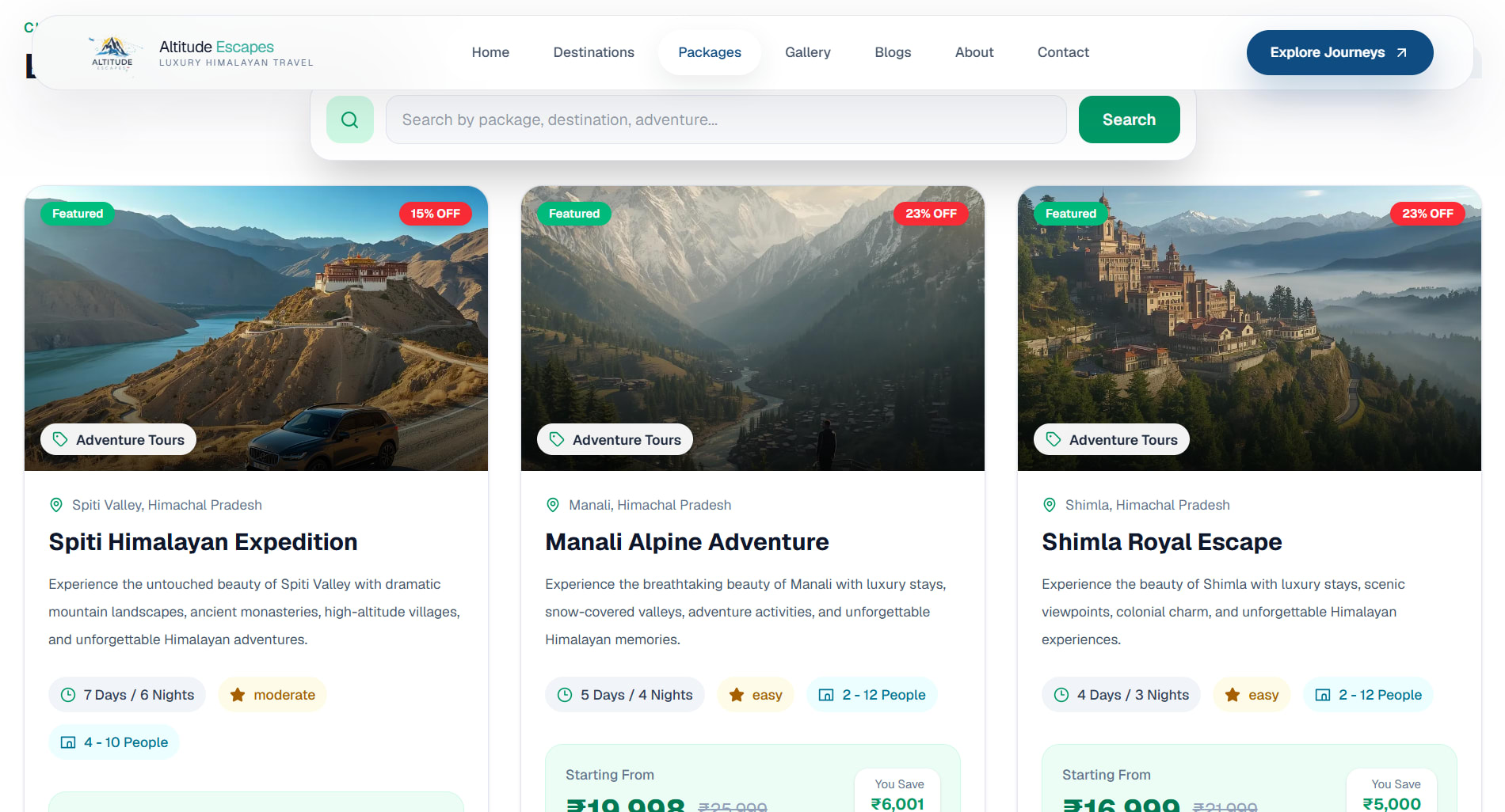 Altitude Escapes travel package listing experience