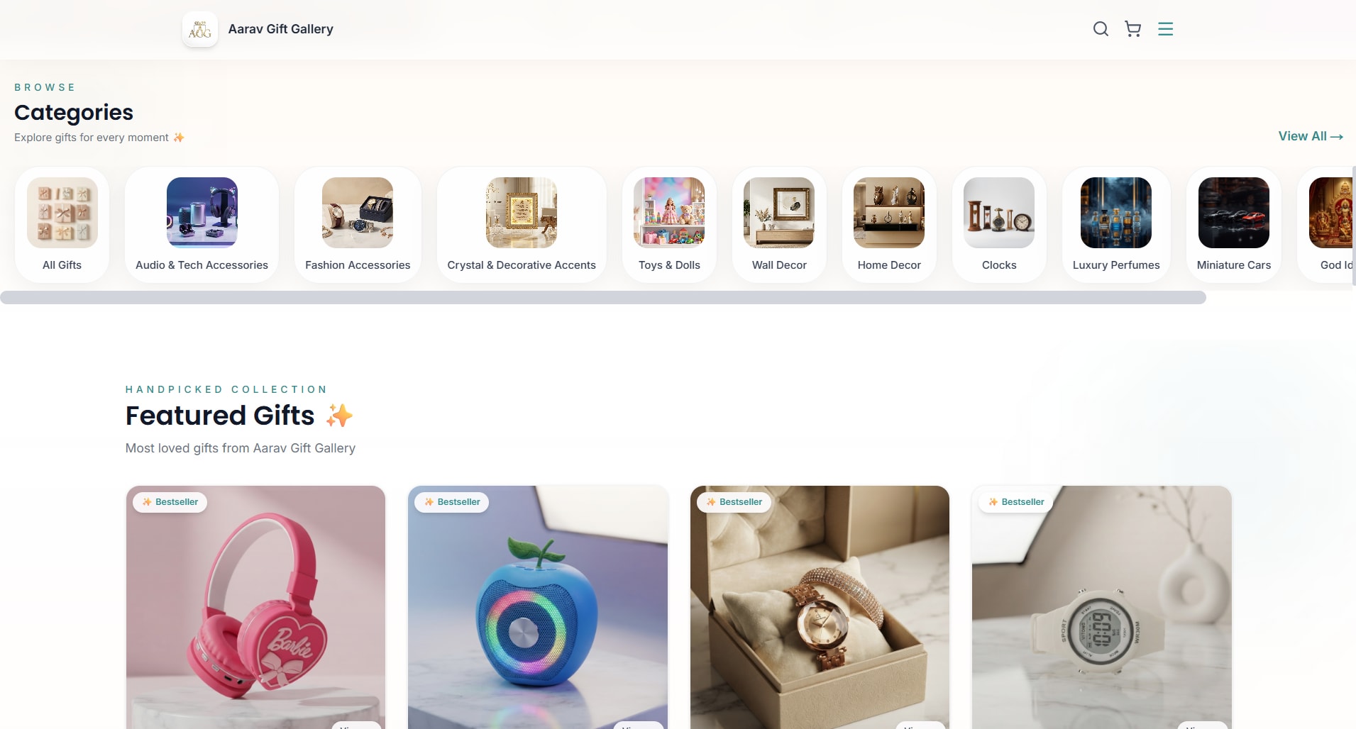 Aarav Gift Gallery product category browsing experience