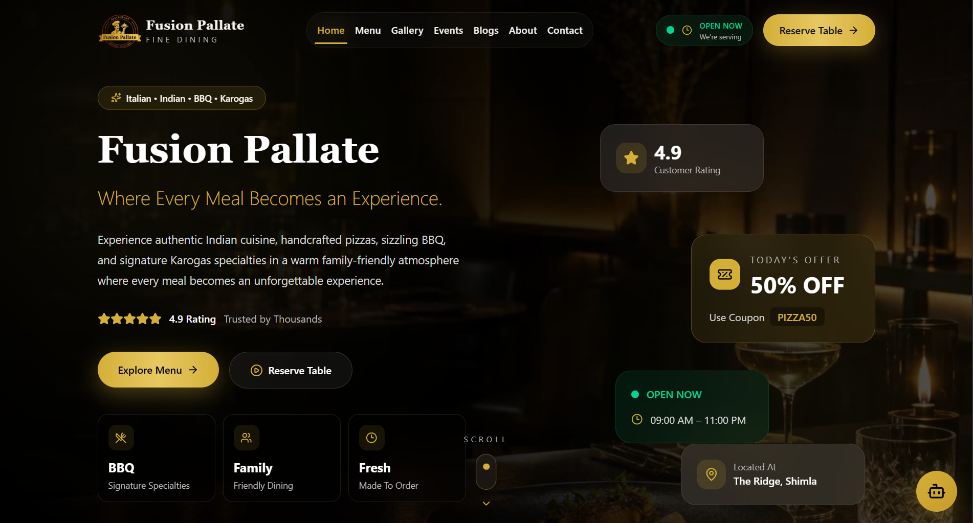 Fusion Pallate fine dining website hero section with premium restaurant branding, reservation CTA and immersive dining atmosphere