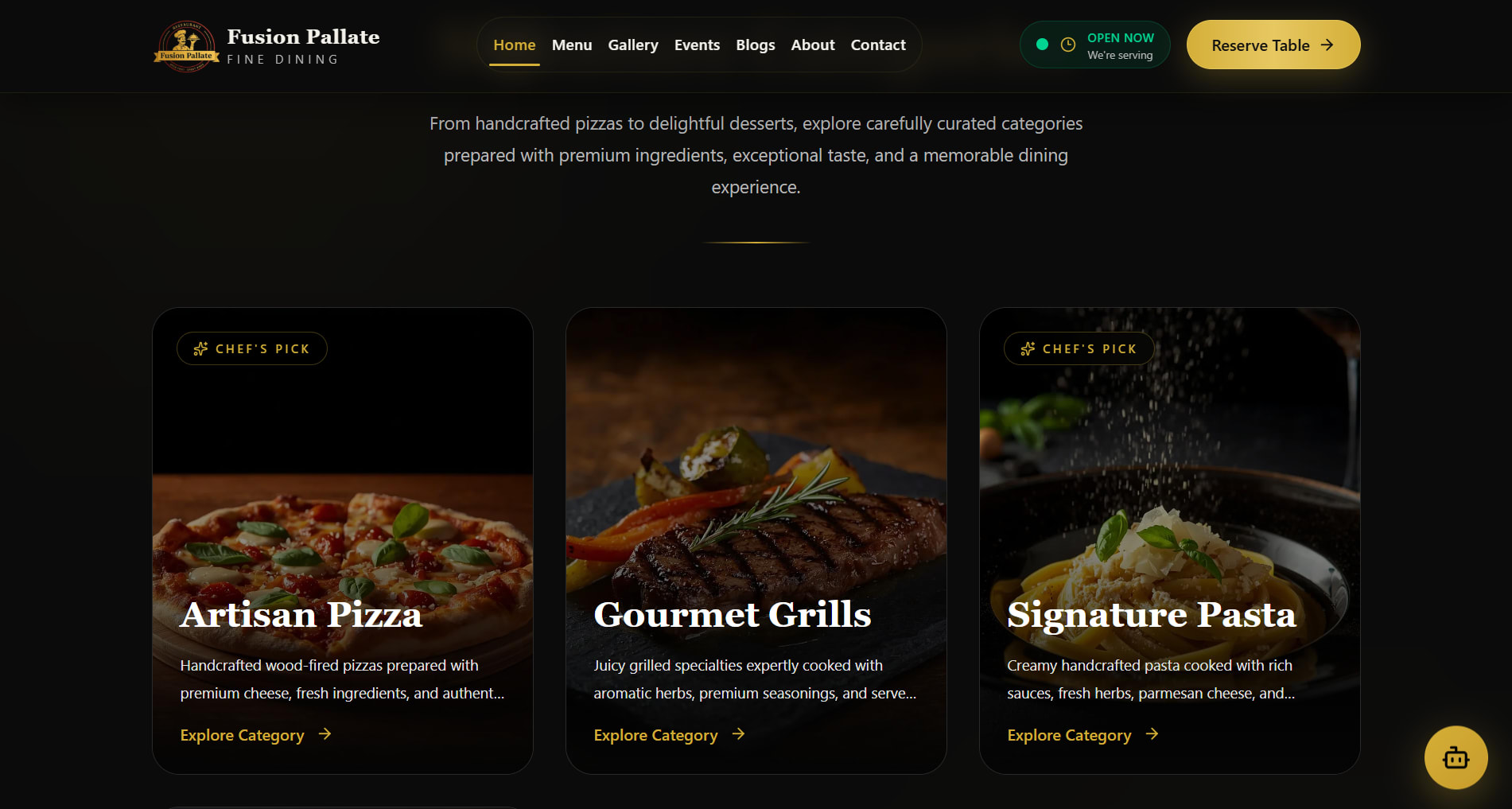 Fusion Pallate restaurant website menu categories featuring pizza, gourmet grills and signature pasta