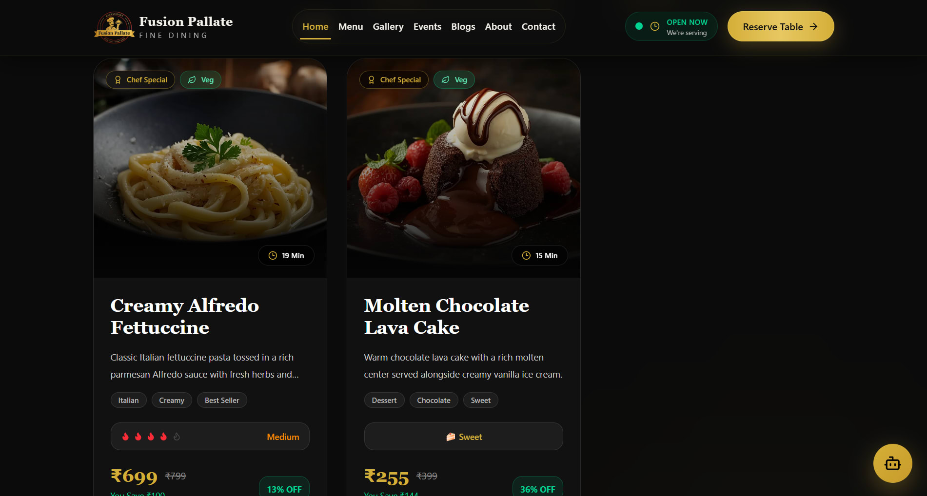 Fusion Pallate digital restaurant menu displaying featured dishes, prices, preparation times and food categories