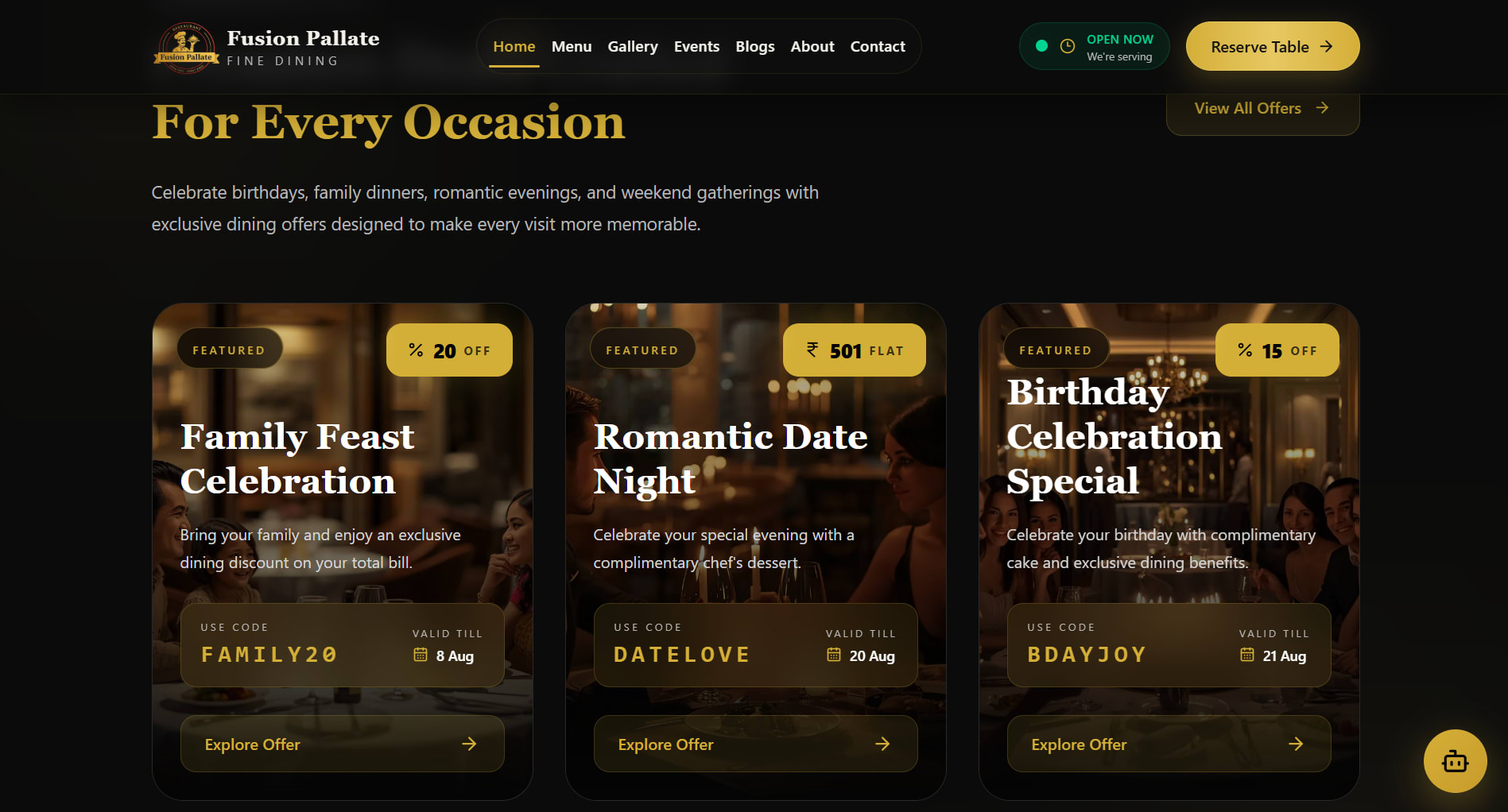 Fusion Pallate restaurant offers section featuring family dining, romantic date night and birthday promotions