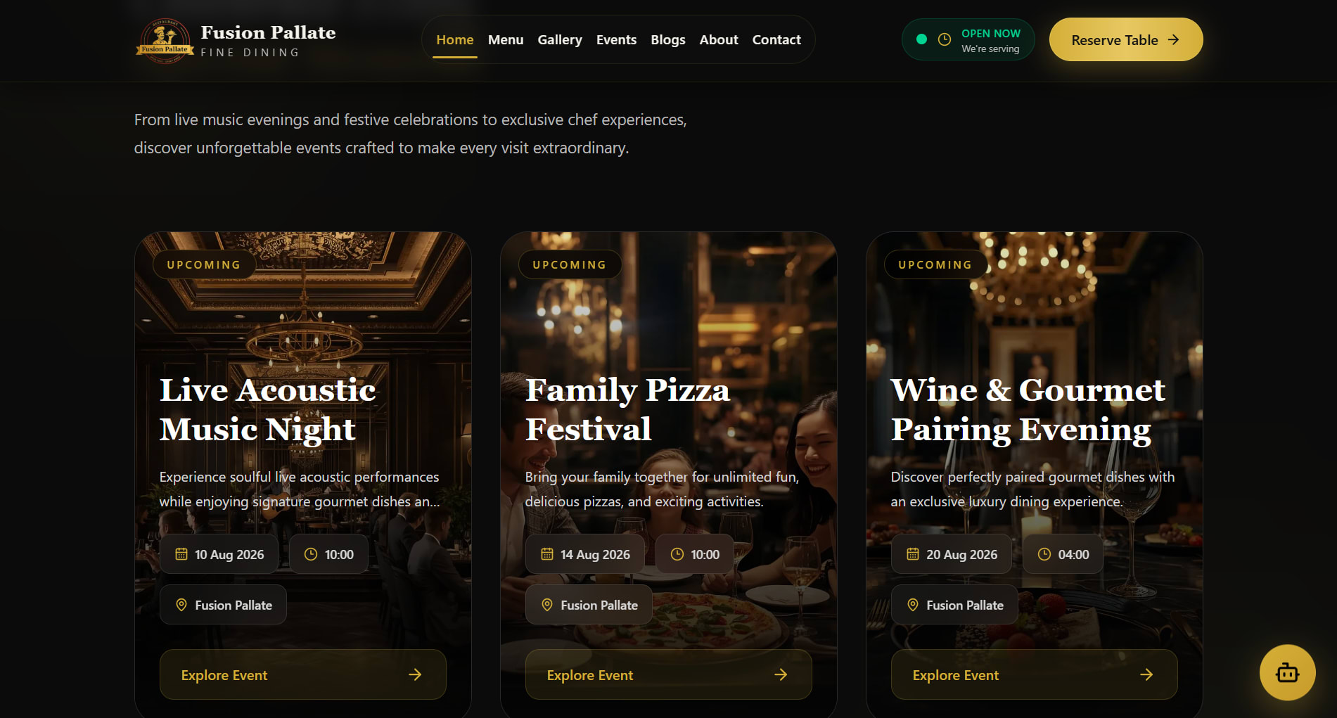 Fusion Pallate restaurant events section featuring live music, family events and gourmet dining experiences