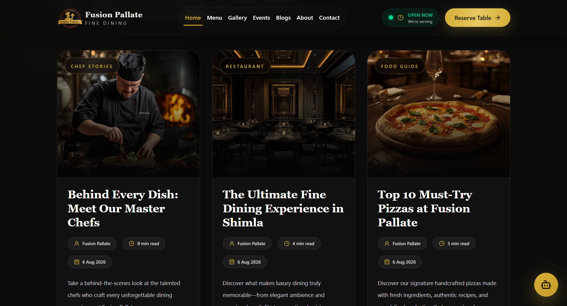 Fusion Pallate restaurant blog section featuring chef stories, fine dining guides and pizza articles